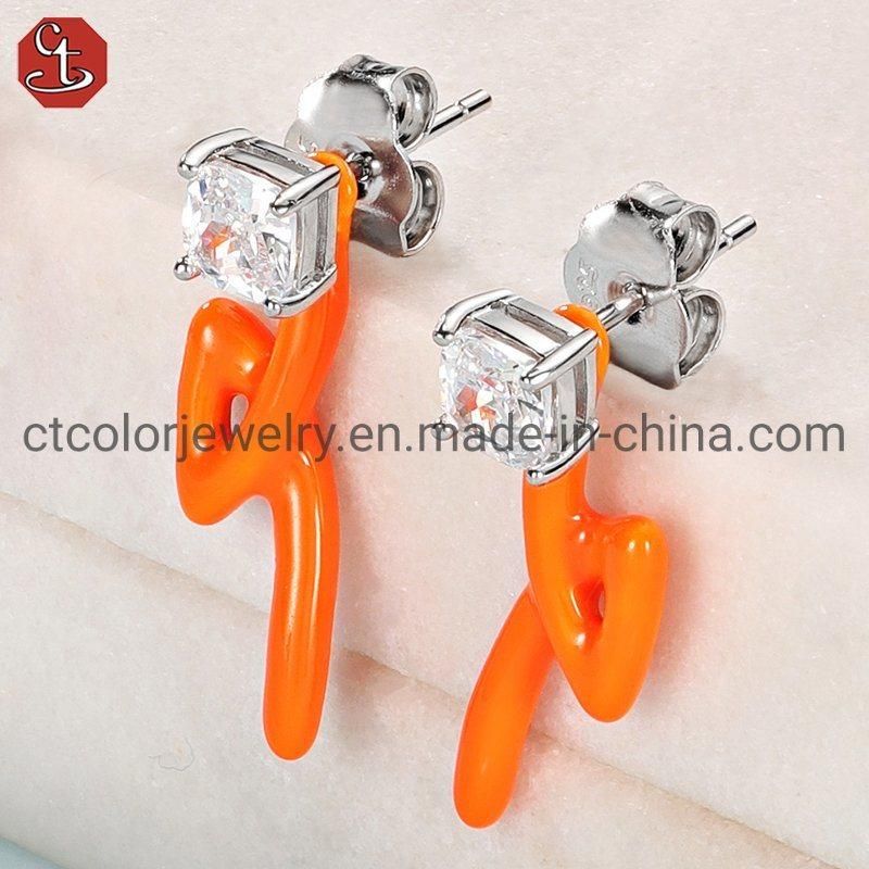 925 Sterling Silver CZ Earrings Color Enamel Dripping Oil Earring