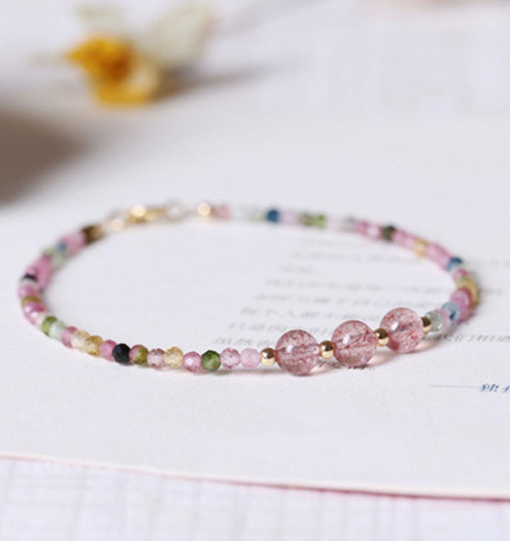 925 Silver Jewelry Natural Rainbow Tourmaline & Crystal Beads Bracelet