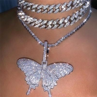 Hip Hop Women Iced out Cuban Link Butterfly Choker Necklace