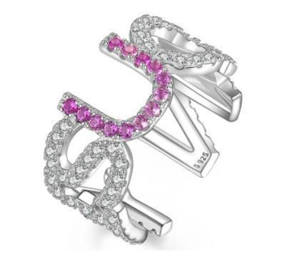 925 Sterling Silver Rings Capital Letter Colorful CZ Yes U Can Stackable Adjustable Open Rings