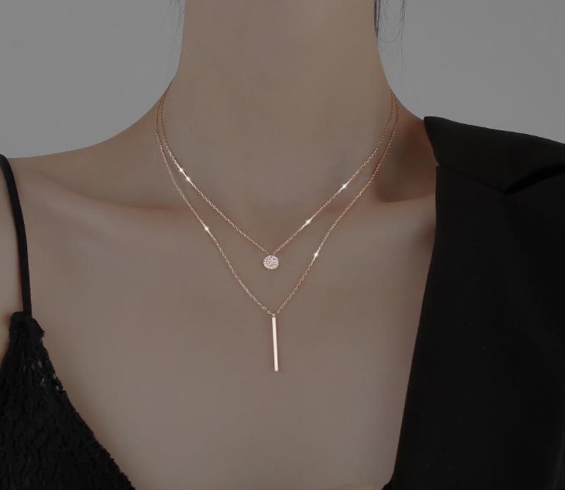 Diamond Silver Shiny Necklace Female Double Layer Pendant Clavicle Chain