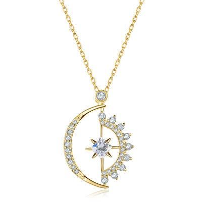 925 Sterling Silver 14K Gold Plated Shiny Zircon Moon Pendant Necklace Women Wedding Fashion Party Jewelry Gift