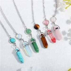 Natural Stone Turquoise Crystal Quartz Hexagonal Bullet Pendant Necklace for Women