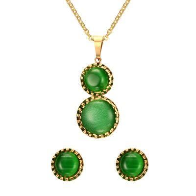 Gourd Shape Glass Green Stone Jewelry Set with 2mm Chain