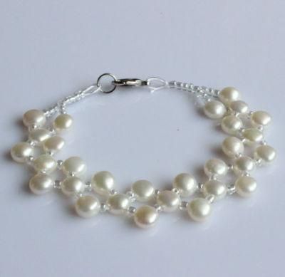 2 Rows Fashion Coin Shape Freshwater Pearl Bracelet (EB1518-1)