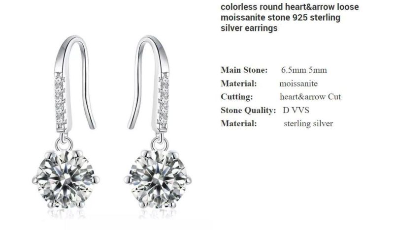 Colorless Round Heart&Arrow Loose Moissanite Stone 925 Sterling Silver Earrings