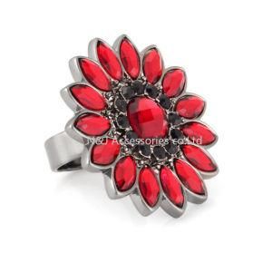 Fashion Black Diamond Red Glass Flower Rings Gun Black Alloy Ring Jewellery