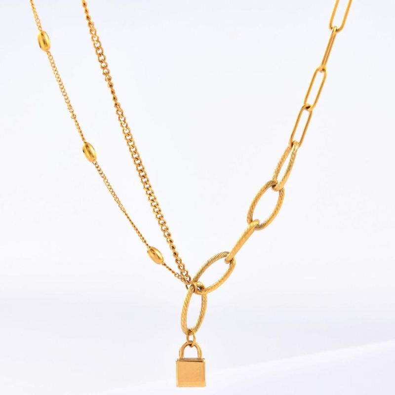 Fashion Chain Lock Necklace Stainless Steel Long Padlock Pendant Layer Necklace for Women Girls Men Gold Silver 18-32 Inches