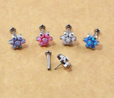 High Quality ASTM F136 Titanium Threadless Push Pin Opal Flower Labret Lip Ring Piercing Jewelry