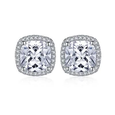925 Sterling Silver Earrings Women Wedding Engagement Jewelry Cushion Halo CZ Stud Earrings