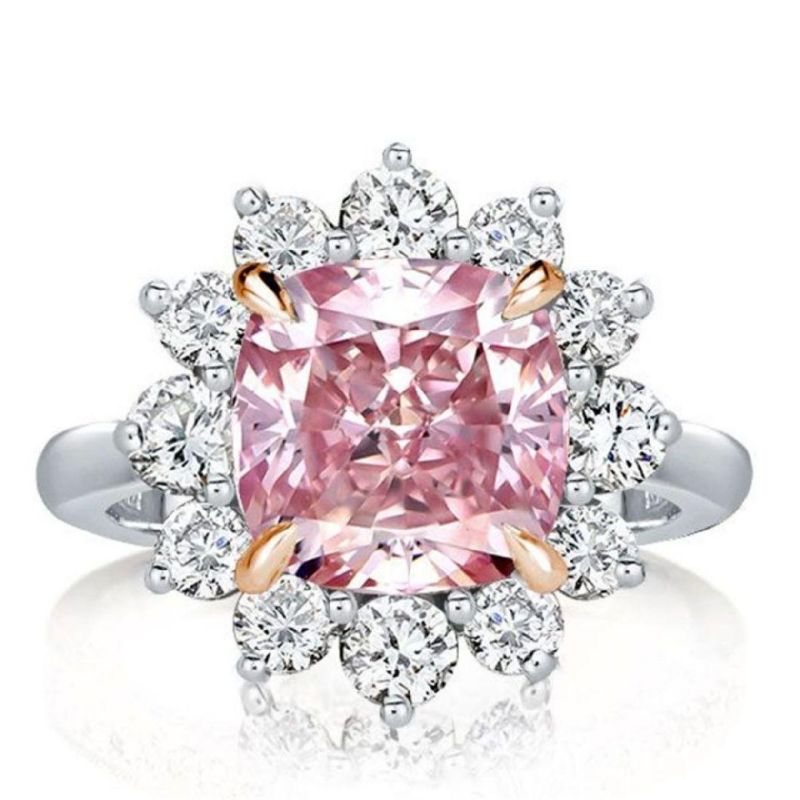 Wholesale Jewelry High Quality Lucky Pink Zircon Flower Diamond Leaf Zircon Women Ring Silver Jewelry