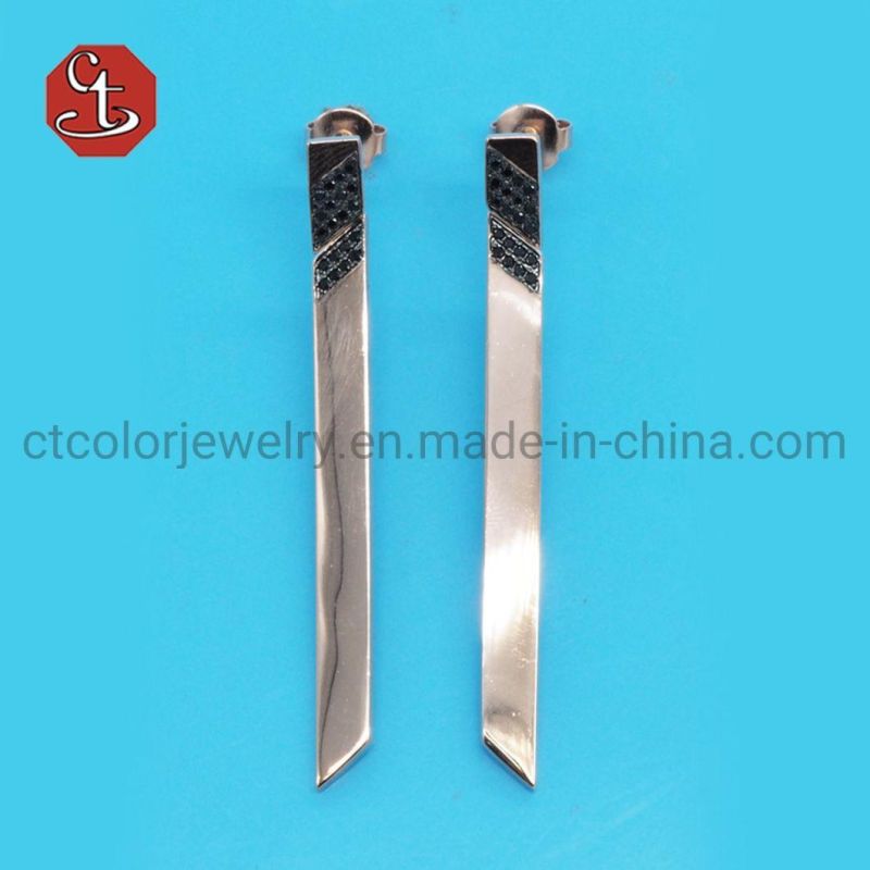 Fashion Jewelry 925 silver Flower Long Plain Bar Bazel CZ Stud Earrings for Women