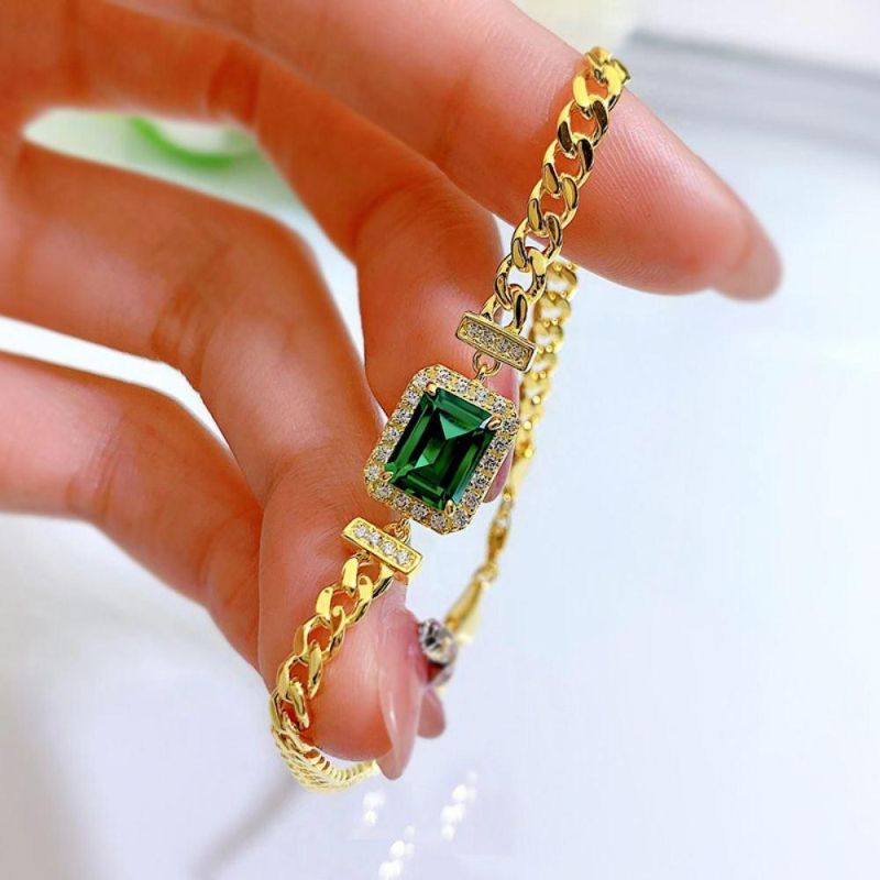 New S925 Silver Bracelet Emerald 6*8 Bracelet Simple Fashion High Sense 1 Carat Bracelet Jewelry