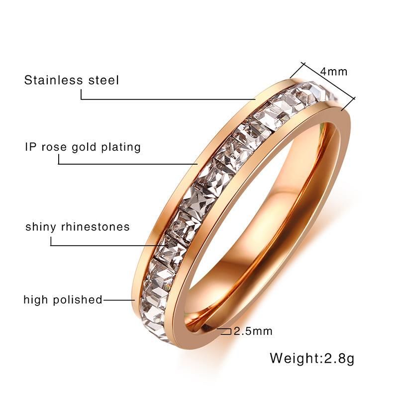 New Classic Single Row Crystal Titanium Roes Gold Ring for Women