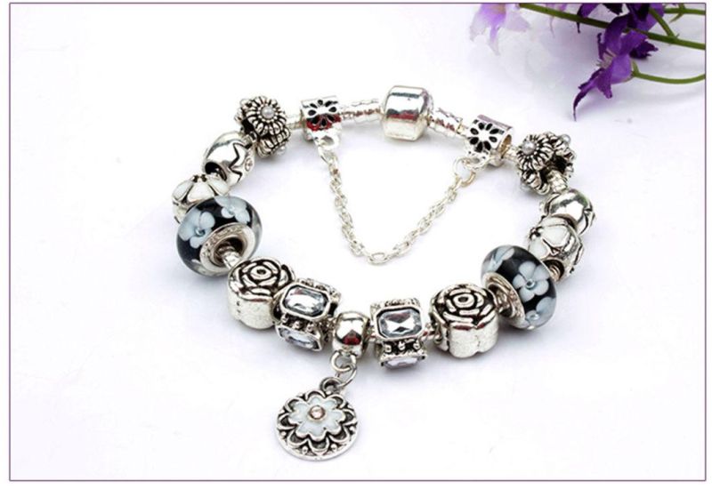 Fashion Jewelry Couple Bangles Flower Pendant Retro Alloy Beads Bracelet for Women Men Wholesale