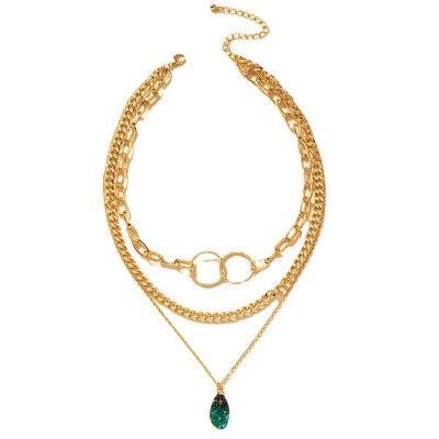 New Trendy Simple 3 Layered Curb Chain Big Small Links Mixing Multiple Necklace with Blue Agate Pendant Stone