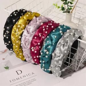 2021 New Arrival Hot Sale Twist Braid Pearl Hair Hoop Beaded Wide Cross Knot Headband