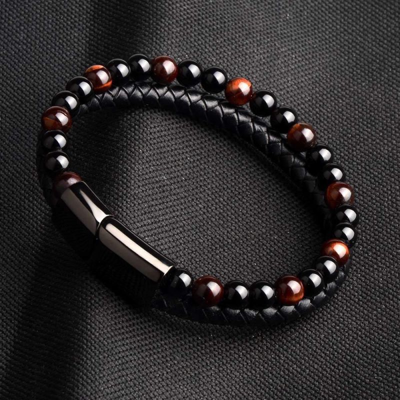 Men Stainless Steel Clasp Punk Leather Braided Beads Bracelet Jewellery