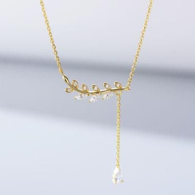 OEM Fashion Christmas Popular Leaves Clavicle Chain Clear CZ Tassel Leaf Dangle Necklace