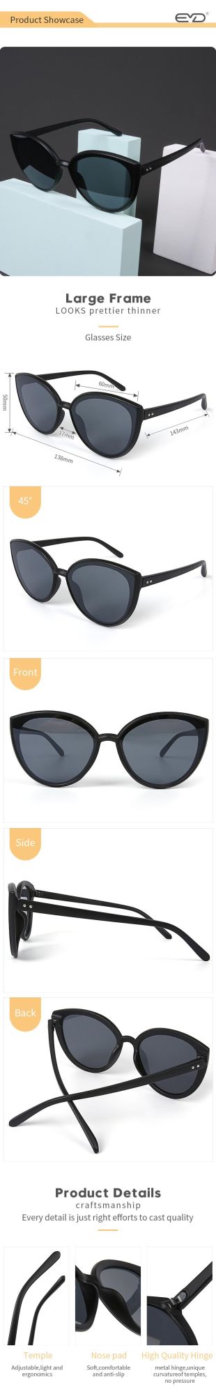 China Manufacturer Cat Eye Sunglasses Outdoor Casual Eyewear Wholesale Brand Unisex Black Sunglass