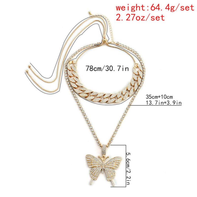 Jewelry Wholesale Personalized Vintage Set Diamond Cuban Chain Big Butterfly Necklace Girl