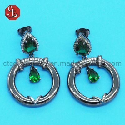 Women Special Green CZ Glass color stone Black Rhodium Earring individualized Brass &amp; silver Jewelry