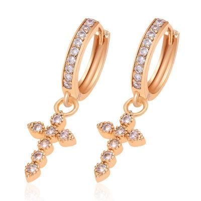 Gold Plated AAA Zircon Cross Pendant Hoop Hanging Earring