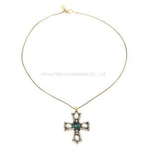Fashion Pearl Acrylic Cross Pendants Statement Zinc Alloy Women Jewelry Necklace
