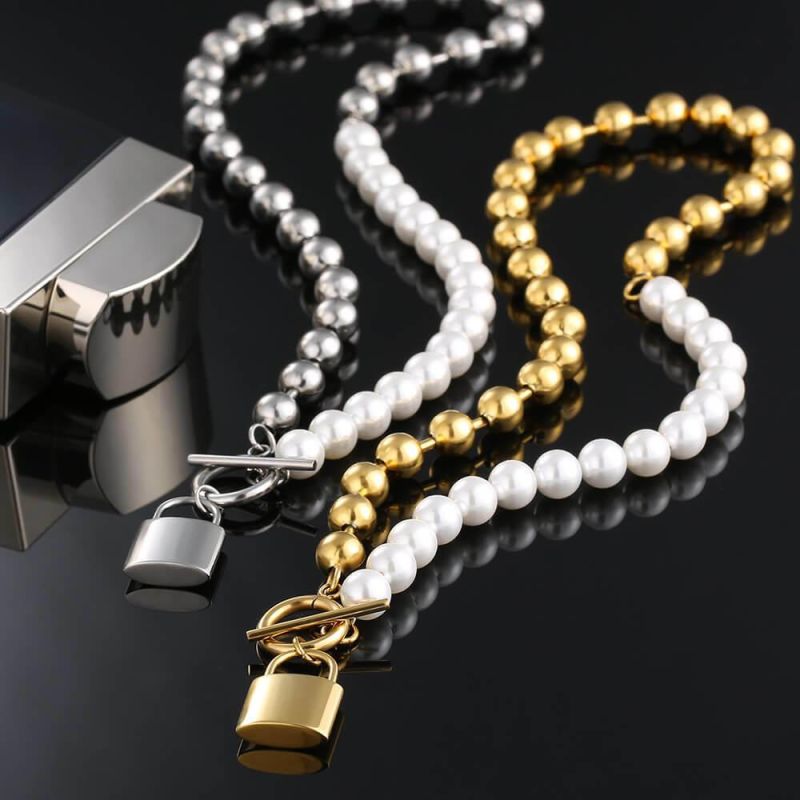 European and American Style Geometric Round Pearl Necklace Ins Ot Lock Pendant
