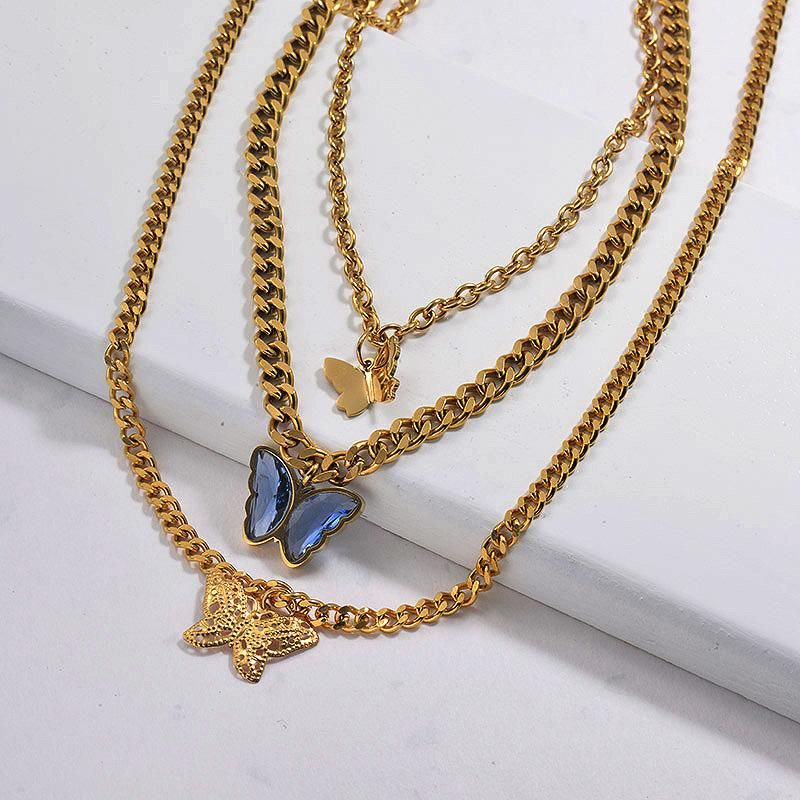 Wholesale Stainless Steel 18K Gold Pendant Charm Butterfly Layered Women Necklace