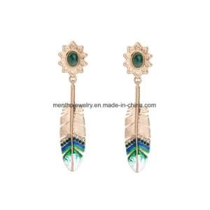 Crystal Diamond Drop Glaze Women&prime;s Earrings Feather Shape Pendant