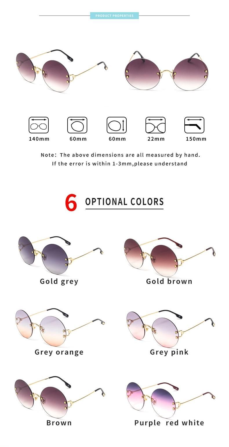 New Arrival Fashion Trend Simple Design Ladies Sun Glasses Round Colorful Frameless UV400 Outdoor Sunglasses