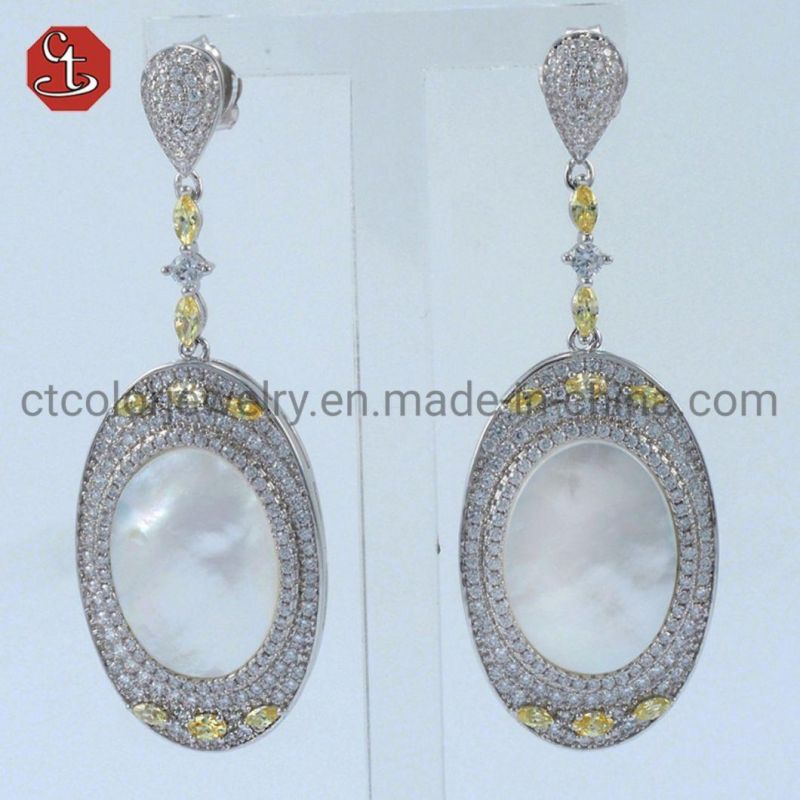 Trendy Elegant Oval Shape Drop Earring Mother of Pearl Pave 3A CZ&Golden Yellow Gem Stone Earrings Jewelry