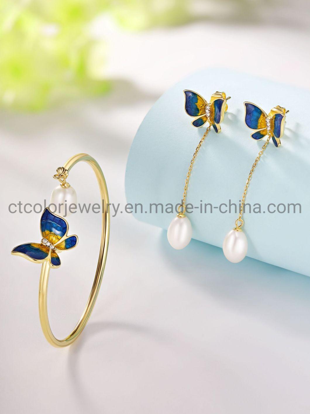 Fashion 18K Gold Plated Silver Enamel Butterfly and Pearl Bangle Bracelet Jewelry for Women