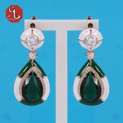 Green Water Drop Stone Brass Earring Enamel Silver Jewelry Chinese Manufacturer
