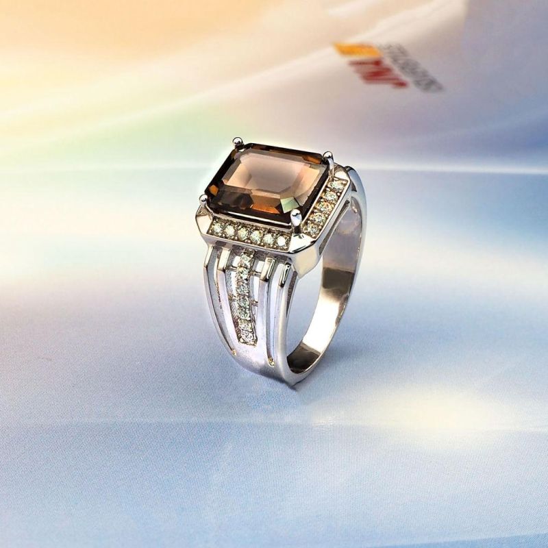 Fashion Jewelry 925 Sterling Silver Jewelry Men′s Ring with Gemstone Smoky Quartz