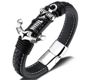 2017 New Men&prime;s Leather Bracelet Jewelry Punk Stainless Steel Anchor Bracelet for Male Esposas