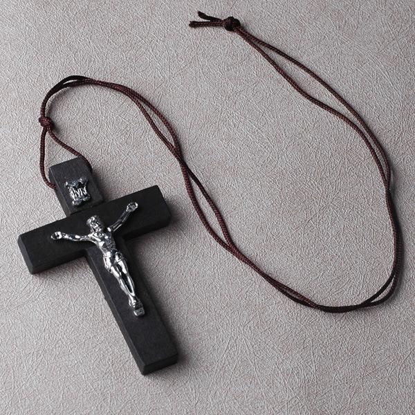 San Damiano Crucifix Oxidized Wooden Pendant Metal Inlay Cord Necklace