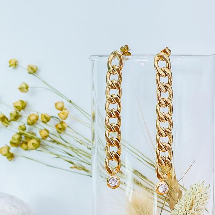 Manufacture Fashion Gold Plated Figaro Chain Earring with Stone for Lady Elegant Jewelry Gift