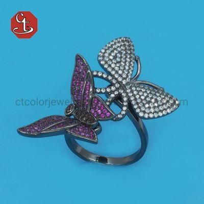 White Ruby Cubic Zirconia Micro Pave CZ 2 PCS Butterfly Big Women Finger Rings