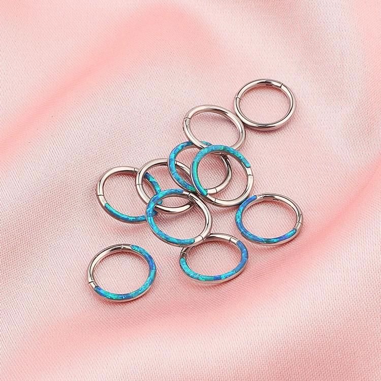ASTM F136 Titanium Synthetic Opal Side Paved Septum Clicker Nose Ring Body Piercing Jewelry 16g 1.2*5mm, 6mm, 7mm, 8mm, 9mm, 10mm, 11mm, 12mm
