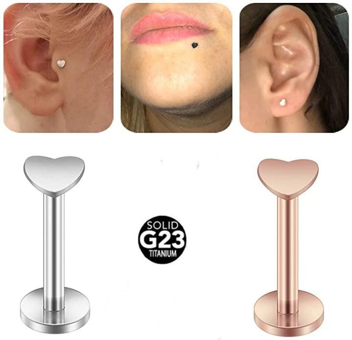 16g Solid G23 Titanium Heart Labret Monroe Lip Ring Studs Cartilage Helix Tragus Nose Piercing