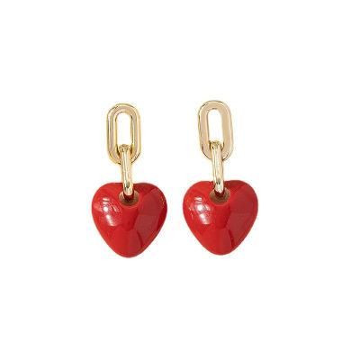 American Fashion 18K Gold Plated Red Coating Heart Pendant Cuban Link Drop Women Earring