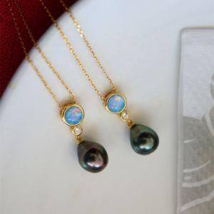 Elegant Style Luxury Sea Water Baroque Black Pearl Blue Opal Pendant Necklace 925 Sterling Silver 18K Gold Plated for Women