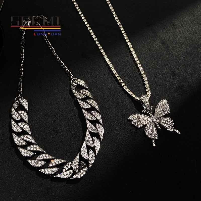 Cuban Beaded Chain Butterfly Layered Diamond Choker Necklace for Women