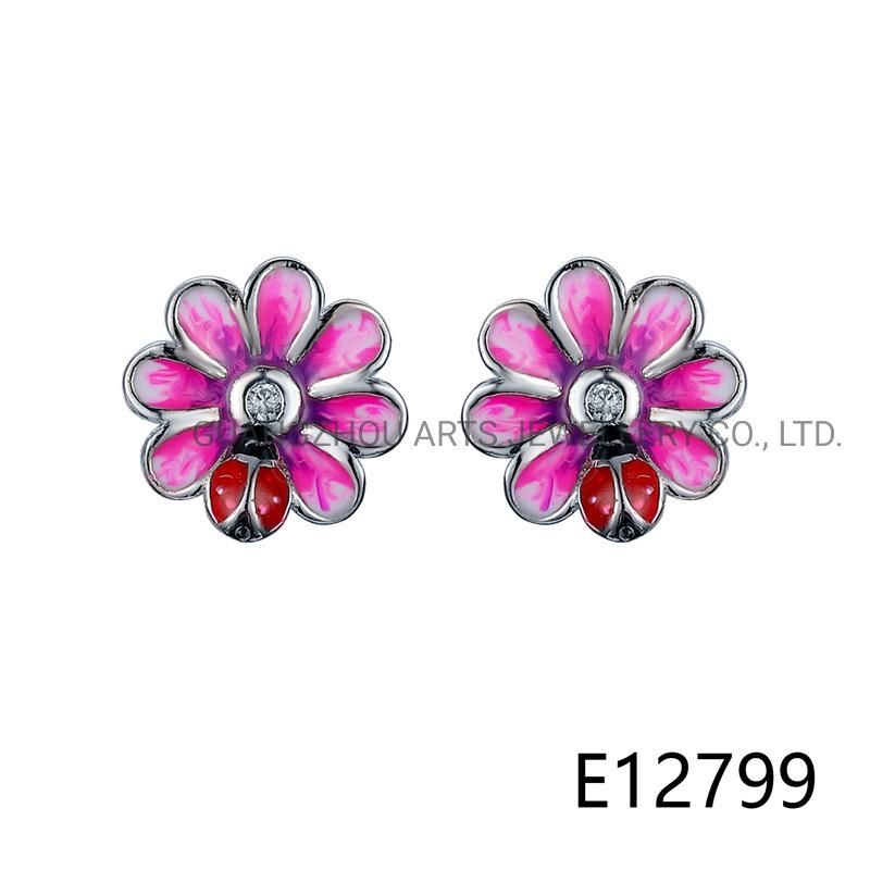 Handmade Enamel Chrysanthemum & Bug 925 Silver Stud Earring