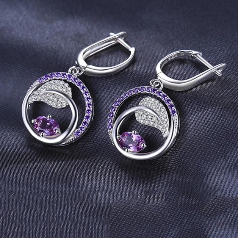 925 Sterling Silver Leaf Earrings Created Alexandrite Sapphire Earrings Purple Cubic Zirconia Earrings Jewelry