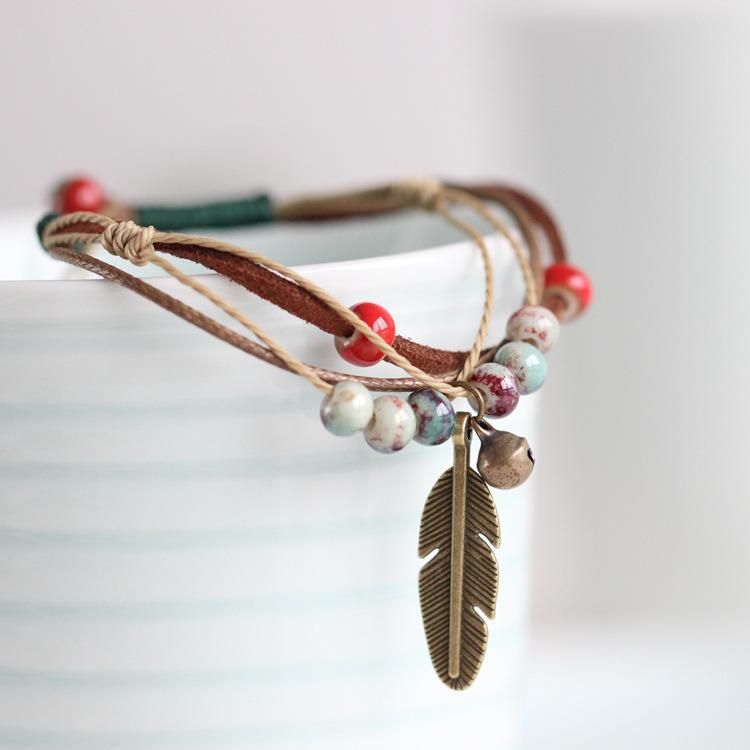Wholesale Jewelry Creative Hand-Made Bohamian Ceramics Feather Chain Bracelet