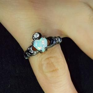 Elegant Heart Cut Rainbow Opal Claddagh Rings