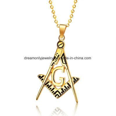 316 L Stainless Steel Men Gold Color Hip Hop Masonic Pendant Necklace with 60cm Cuban Link Chain Necklaces
